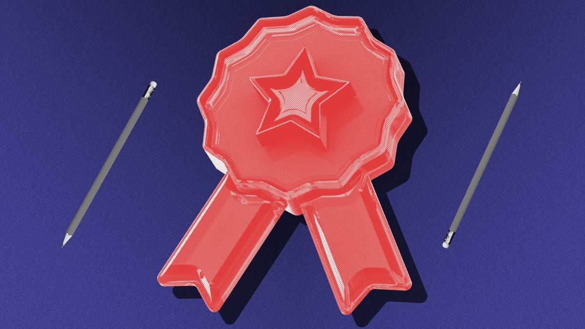 A red award ribbon is shown against a purple background with a pencil on either side.
