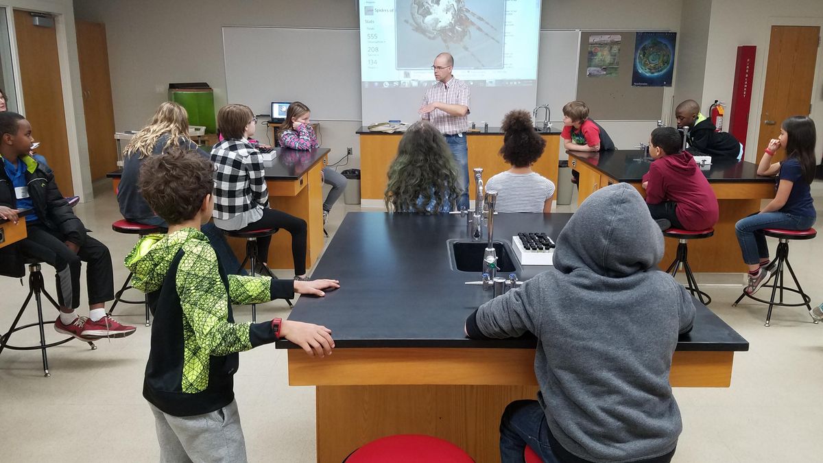 Students in a gifted and talented classroom in Minnesota's Mankato Area Public Schools listen to a lesson about spiders in spring 2019.