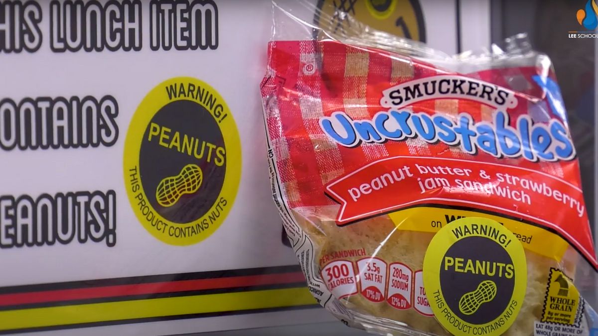 The School District of Lee County, Florida, reintroduced peanut butter in school cafeterias in February 2022. The district uses stickers to mark items containing peanuts.