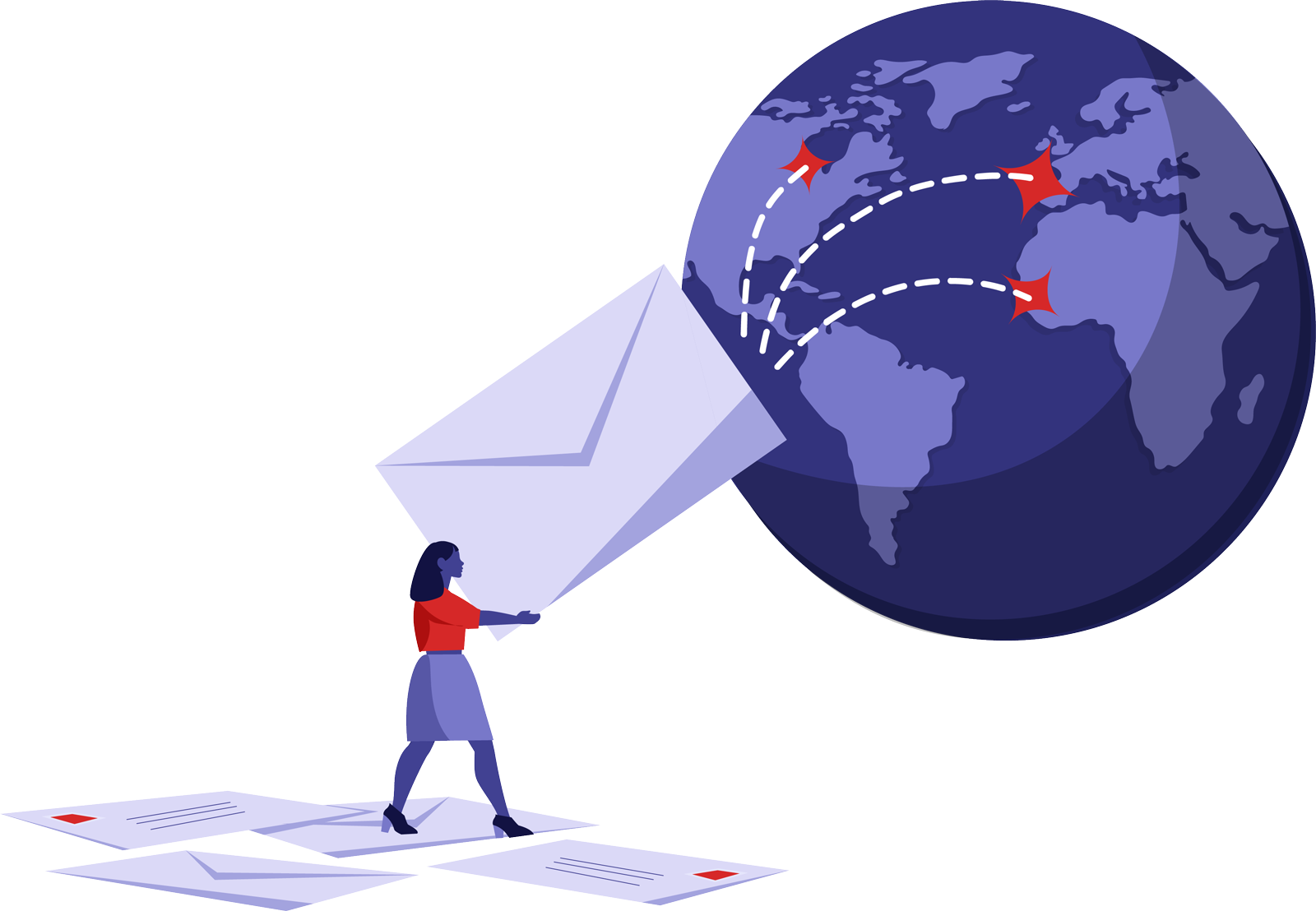 Image of paper letters being sent to several parts of the globe.